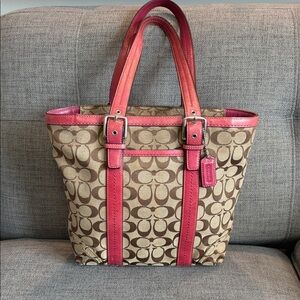 Coach Brown Signature Canvas Tote with Pink Trim